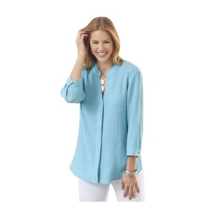NorthStyle Double Cloth Hidden Placket Button Up Cotton Gauze Top Sea Glass Blue